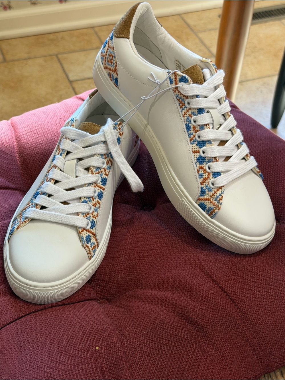 Women's White Sneakers with Blue & Brown Woven Trim
